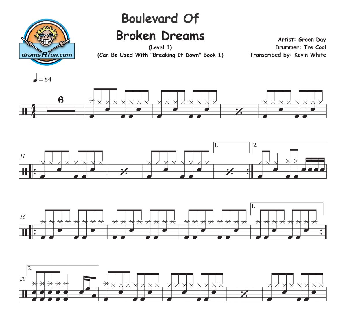 Green Day, Boulevard Of Broken Dreams Drum Transcription Level 1